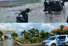 Banjir, Banyak Warga Cuci Mobil dan Mandi di Jalan Tanjung Senai, Sat Lantas Polres Ogan Ilir Lakukan Patroli